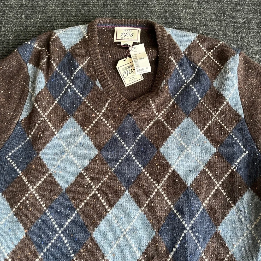 Jos. A. Bank 1906 Argyle V-Neck Sweater Mens Large Brown Blue Wool Blend NWT